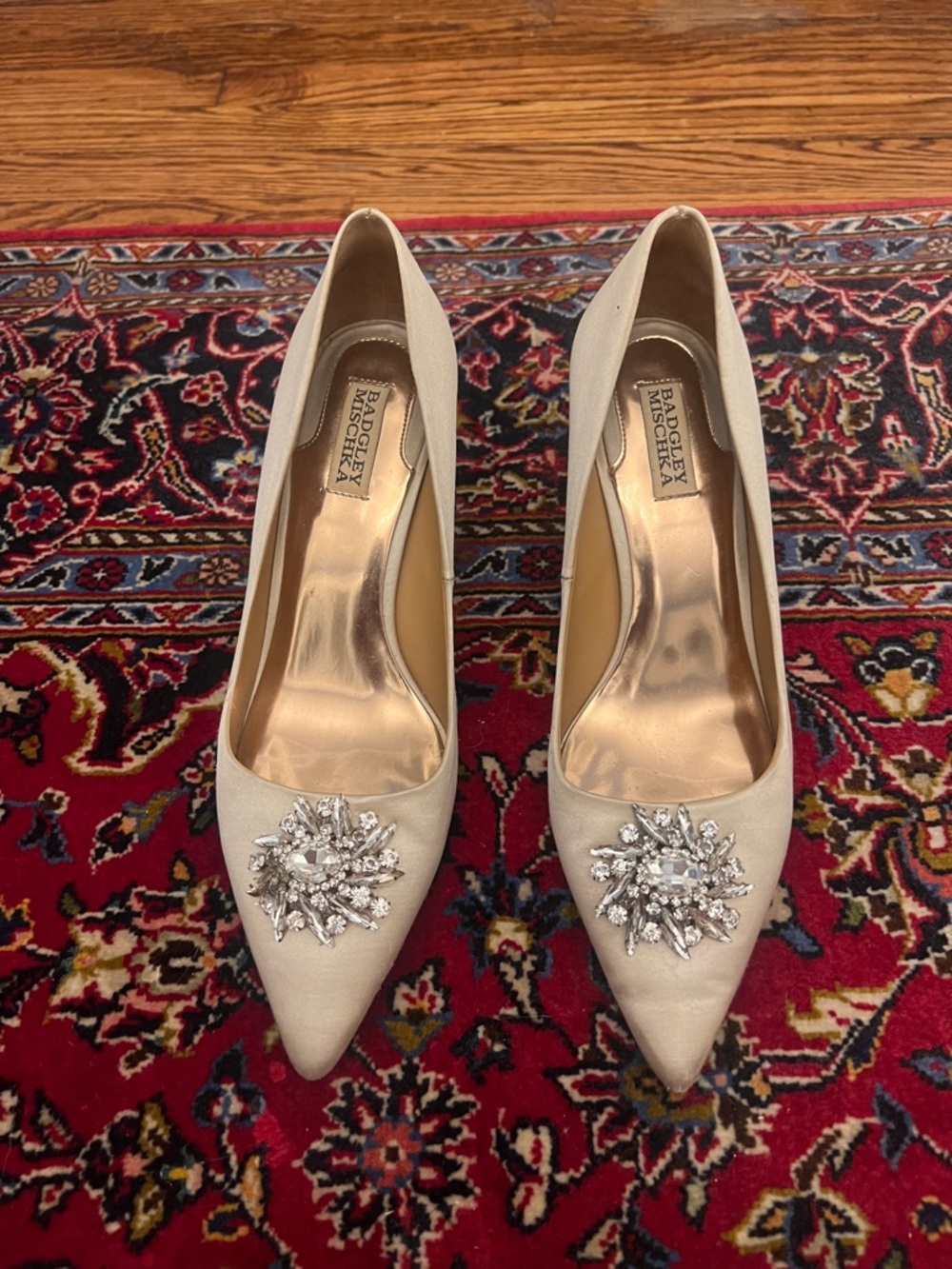 Badgley Mischka Champagne Satin Pointed Toe Pumps with Crystal Brooch